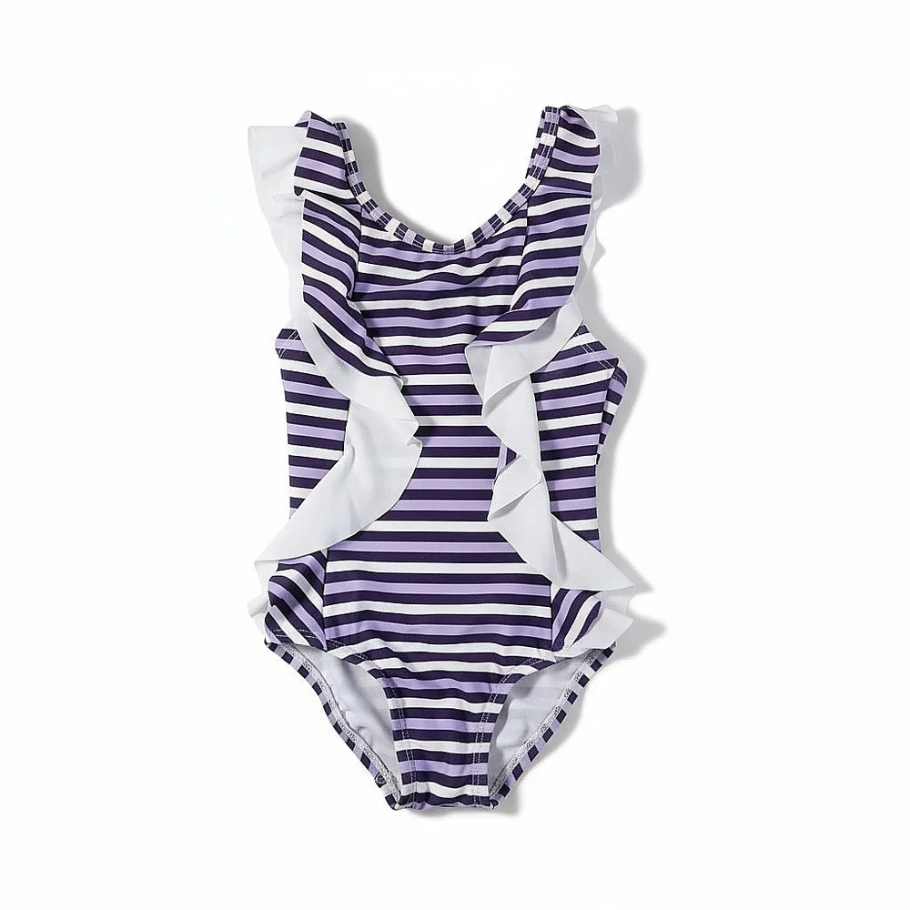 NWT! Dot Dot Smile Girls' Purple Stripe Ruffle One-Piece Swimsuit